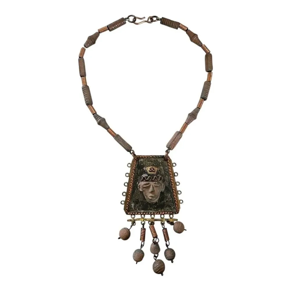 Vintage 1960s-70s Mexico Stamped Mixed Metal Necklace - Maya Ethnic Mask Pendant - Picture 2 of 12